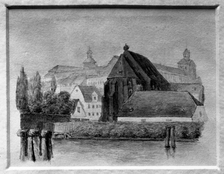 Kościół św. Katarzyny od wsch., artysta nn, 1845, akwarela, 7,5x9,5 (MNS/A.Foto/5252 B; Szczecin)