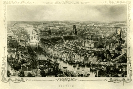Widok miasta od NO; staloryt A.Eltzner, rys. French, 1850 (MNS/A.Foto/5093; Szczecin)