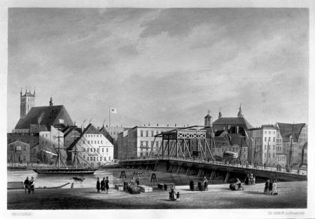 Most Długi. Kolorowana litografia Juliusa Gottheila; Zakład Litogr. W. Loeillota w Berlinie. Oficyna F. Waldowa w Szczecinie. 14,8 x 22,2cm. MNS/A.Foto/5331 B