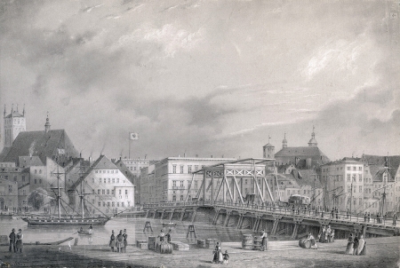 Widok nabrzeża koło Mostu Długiego. Rysunek ołówkiem Juliusa Gottheila. Około 1850. Sygn.: Gottheil. 14,5 x 20,5cm. MNS/A.Foto/5326 A