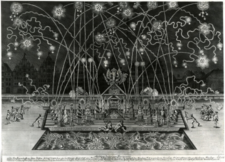 Pokaz ogni sztucznych na urodziny Fryderyka Wielkiego, 24 stycznia 1746. Zorganizowany przez Szczecińskie Kupiectwo na skutej lodem Odrze w święto zwycięskiego zakończenia drugiej wojny śląskiej. Miedzioryt Johanna Ernsta Gerickego w Berlinie 1746. 52 x 72cm. MNS/A.Foto/16114