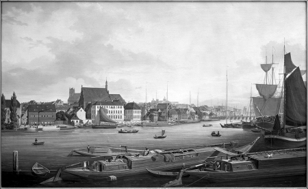 Widok nabrzeża między kościołem św. Jana i Mostem Długim. Obraz Ludwiga Eduarda Lütkego. Sygn.: Lütke 1839. 75 x 127cm. MNS/A.Foto/5324