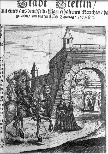 Druk ulotny z czasów oblężenia w 1677 r. z przedstawieniem przekazania miasta Wielkiemu Elektorowi. MNS/A.Foto/16116