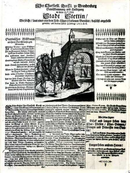 Druk ulotny z czasów oblężenia w 1677 r. z przedstawieniem przekazania miasta Wielkiemu Elektorowi. MNS/A.Foto/16116