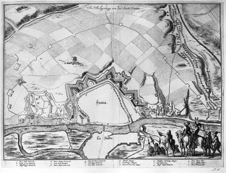 Oblężenie miasta Szczecina (1677). Plan miasta sztychowany na miedzi według nr 26 z dodaną grupą żołnierzy u dołu po prawej. 25,5 x 33,2cm. MNS/A.Foto/5041