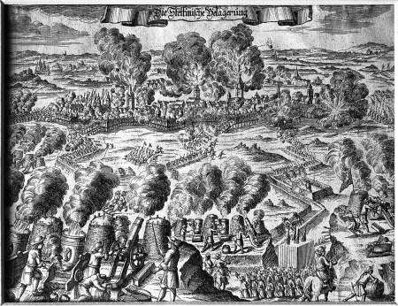 Przedstawienie ostrzału z fantazji. (“Die Stettinische Belagerung”.) Miedzioryt z XVII wieku. 14,7x19,8cm. MNS/A.Foto/5132