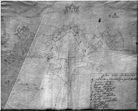 Plan Szczecina datowany 1725, z nazwami bastionów. Rysunek piórem. 26,5 x 34cm. MNS/A.Foto/5044