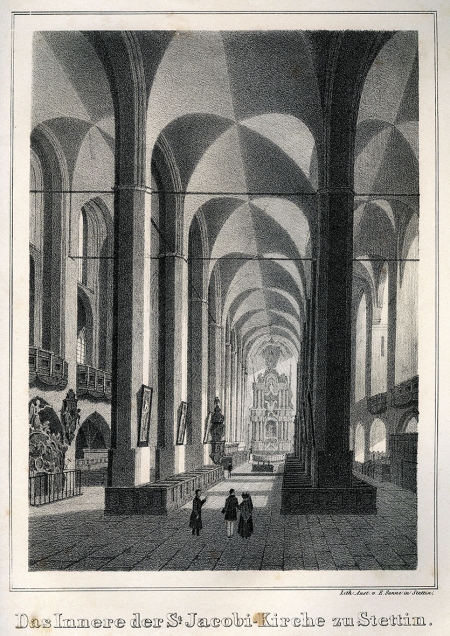 Wnętrze kościoła św. Jakuba. Litografia, druk w zakładzie E. Sannego w Szczecinie. Około 1850. 19,6 x 15,7cm. MNS/A.Foto/16122