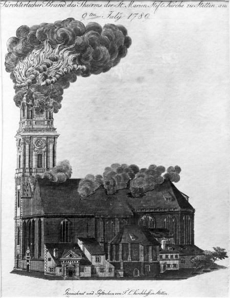 Straszny pożar wieży kościoła Fundacji Mariackiej w Szczecinie 9 lipca 1789. Friedrich Ludwig Kirchhoff (1750-1804 ?). sztych kolorowany. MNS/A.Foto/5141 A