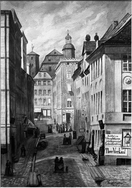 Widok ulicy Środowej. Akwarela Theodora Kugelmanna z roku 1870. Sygn.: Kugelmann 1870. 35 x 24,8cm. MNS/A.Foto/5281