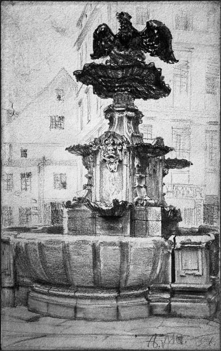 Stara fontanna z 1732 r. na obecnym placu Orła Białego. Rysunek kredką Adolfa Menzla (1815 Wrocław – 1905 Berlin). Sygn.: A. M. 51. 19,5 x 12,5cm. MNS/A.Foto/6166