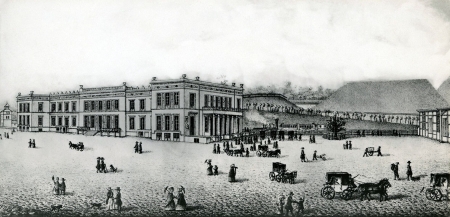 Dworzec kolejowy. J. Cohn, 1850 r. litografia, MNS/A.Foto/13597