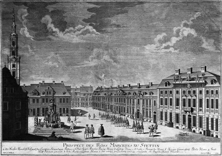 Widok obecnego placu Orła Białego w Szczecinie. Według rysunku J.F. Freunda, rytowany w 1734 r. przez Joh. Georga Wolffganga w Berlinie (1664-1744). Po prawej pałac Grumbkowa, po lewej fontanna. 38 x 54,5cm. MNS/A.Foto/5339