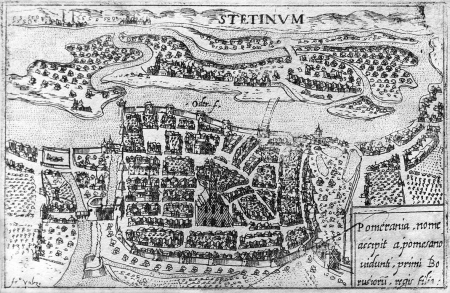 “Stetinum”. Mały widok miasta z lotu ptaka. Akwaforta Francesca Valesia (1560 – po 1611). 8,6 x 13,2cm. MNS/A.Foto/13601