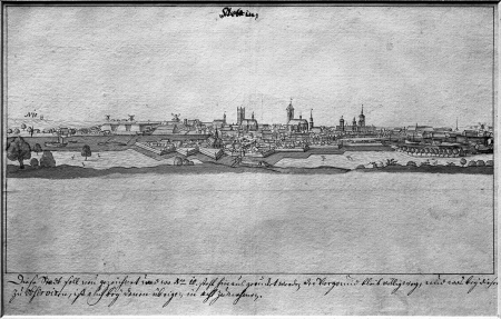 Ogólny widok miasta wraz z Łasztownią od wschodu. Około 1730. Tonowany rysunek piórem. Pierwszy plan pusty, prawdopodobnie rysunek przygotowawczy do sztychu. 15,3 x 28cm. MNS/A.Foto/5068