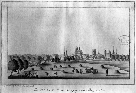 Widok miasta Szczecina od wschodu, Friedrich August Scheureck, akwaforta kolorowana ok. 1790 r., 13 x 22,5cm MNS/A.Foto/5080