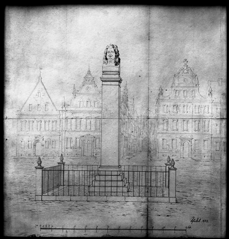 Plan pomnika elektora na dziedzińcu zamkowym, na drugim planie wschodnia pierzeja Rynku Siennego – stylizowana. Karl Friedrich Schinkel (1781 – 1841), 1833 r., rysunek, 33 x 35cm. MNS/A.Foto/5303