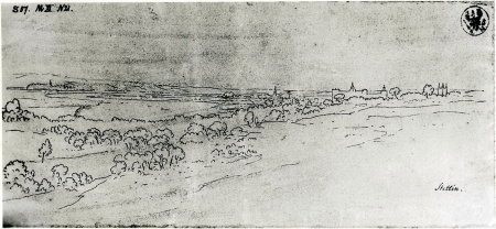 Widok Szczecina od północy. Karl Friedrich Schinkel (1781 – 1841), rysunek piórem. 10 x 22cm. MNS/A.Foto/16118