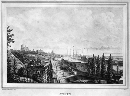 Szczecin od południa, na pierwszym planie dworzec kolejowy. Około 1850- 1860, Zakład Litograficzny F. Müller & Co. w Szczecinie. 24,3 x 37cm. MNS/A.Foto/5098